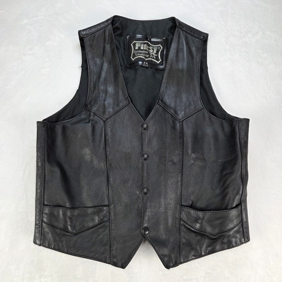 First Wave Other - First Genuine Leather Black Motorcycle Vest Size 44 Snap Front Pockets